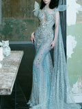 Sparkly Mermaid Halter Blue Sequins With Beaded Prom Dresses Inspiration Long Party Night Gowns 20th Birthday Outfits HZ0311