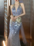 Modest Mermaid Halter Sequins Prom Dresses Inspiration Long Party Evening Dress 19th Birthday Outfits HZ0311