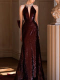 Modest Mermaid High Neck Sequins Burgundy Prom Dresses Inspiration Long Party Evening Dress 21st Birthday Outfits HZ0311