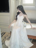 Elegant A Line Spaghetti Strap White Lace Long Pleated Prom Dress Aesthetic Graduation Birthday Outfits HZ0311