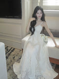 Elegant A Line Spaghetti Strap White Lace Long Pleated Prom Dress Aesthetic Graduation Birthday Outfits HZ0311