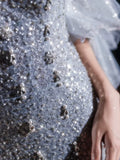 Sparkly Mermaid Evening Dress Strapless Silver Gray Sequins Prom Dress Long Party Dress 21st Birthday Outfits HZ0311