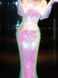 Sparkly Mermaid Evening Dress Strapless Sequins Prom Dress Long Party Dress 21st Birthday Outfits HZ0311