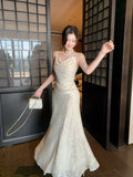 Elegant Mermaid Spaghetti Straps Lace Chiffon Ankle Length Prom Dresses 16th Nigh Party Birthday Outfits HZ0311