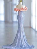 Elegant Mermaid Off The Shoulder Blue Sequins Prom Dresses Inspiration Long Party Evening Dress 19th Birthday Outfits HZ0311
