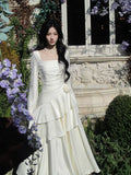 Modest Mermaid Square Neck Ivory Satin Long Sleeves Prom Dresses Wedding Guest Dress 16th Birthday Outfits HZ0311