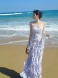 Elegant Sheath Lilac Strapless Tiered Layered Chiffon Sleeveless Long Prom Dresses 18th Birthday Outfits HZ0311