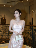 Elegant Mermaid Spaghetti Strap Pink Satin Bodycon Pleated Prom Dress Aesthetic Graduation Birthday Holiday Outfits HZ0311