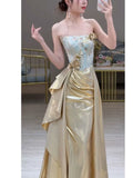 Modest Mermaid Strapless Gold With Slit Long Prom Dress Fashion Aesthetic High School Formal Dresses Party Outfits Prom Gown HZ0311