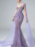 Sparkly Mermaid Evening Dress Halter Lilac Sequins Prom Dress Long Party Dress 21st Birthday Outfits HZ0311