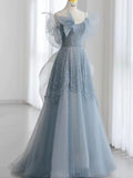 Modest Ball Gown Spaghetti Straps Dusty Blue Tulle Prom Dresses Inspiration Long Party Night Evening Dress 20th Birthday Outfits HZ0311