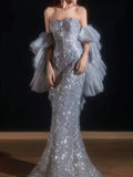 Sparkly Mermaid Evening Dress Strapless Silver Gray Sequins Prom Dress Long Party Dress 21st Birthday Outfits HZ0311