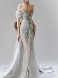 Vintage Silver Gray Mermaid Evening Dress Off The Shoulder Beaded Prom Dress Long Party Dress Birthday Outfits HZ0311