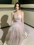 Modest A line Spaghetti Straps Pink Tulle Prom Dresses Wedding Guest Gown 16th Party Birthday Outfits HZ0311