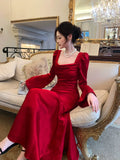 Modest Mermaid Square Neck Red Satin Long Sleeves Prom Dresses Wedding Guest Dress Birthday Outfits HZ0311