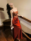 Classy Mermaid Spaghetti Strap Burgundy Satin Ankle Length Pleated Prom Dress Aesthetic Graduation Birthday Outfits HZ0311