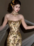 Glitter Mermaid Strapless Gold Sequins Long Formal Prom Dresses Dance Night Outfits Evening Party Gowns HZ0311