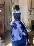 Elegant A line Jewel Neck Navy Blue Satin With Beaded Sleeveless Prom Dresses 16th Nigh Party Birthday Outfits HZ0311