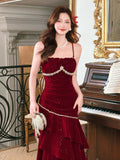 Elegant Mermaid Spaghetti Strap Burgundy Velvet Long Layered Prom Dress Aesthetic Long Graduation Evening Outfits HZ0311