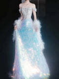 Glittery Ball Gown Off The Shoulder Blue Sequins Prom Dresses Inspiration Long Party Night Evening Dress 20th Birthday Outfits HZ0311