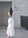 Modest Mermaid Square Neck White Satin Party Evening Night Dresses For Women Inspiration Long 18th Birthday Outfits HZ0311
