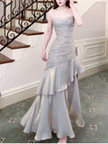 Modest Mermaid Spaghetti Straps Silver Ruffles Long Prom Dresses High School Teens Graduation Dance Dress 20th Birthday Outfits HZ0311