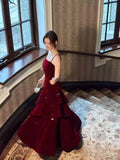Modest Mermaid Spaghetti Straps Burgundy Velvet Long Prom Dresses Wedding Guest Dress 20th Birthday Outfits HZ0311