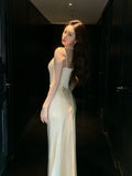 Elegant Mermaid Spaghetti Straps Ivory Satin Ankle Length Prom Dresses 17th Nigh Party Birthday Outfits HZ0311