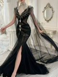Modest Prom Dresses Aesthetic Mermaid V Neck Black Tulle Inspiration With Long Sleeves Cape Long Party Formal Gown HZ0311