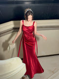 Elegant Mermaid Spaghetti Straps Red Satin Sleeveless Long Prom Dresses 16th Nigh Party Birthday Outfits HZ0311
