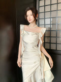 Elegant Mermaid Square Neck White Silky Satin Ankle Length Prom Dresses 16th Nigh Party Birthday Outfits HZ0311