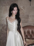 Modest A line Spaghetti Straps Ivory Satin Long Prom Dresses Wedding Guest Dress 20th Birthday Outfits HZ0311
