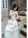 Simple A Line Off The Shoulder White Satin Floor Length Prom Dresses Aesthetic Graduation Birthday Outfits HZ0311