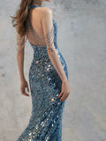 Modest Mermaid V Neck Blue Sequins Prom Dresses Inspiration Long Party Night Evening Dress 20th Birthday Outfits HZ0311
