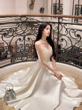 Modest A line Spaghetti Straps Ivory Satin Long Prom Dresses Wedding Guest Dress 20th Birthday Outfits HZ0311
