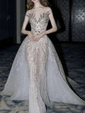 Luxurious Wedding Dresses Mermaid Scoop Neck With Cape Silver Gray Sequins Brides Dress For Brides Fitted Bridal Gowns HZ0311