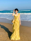 Elegant A line V Neckline Chiffon Yellow Layered Prom Dresses Long 16th Nigh Party Birthday Outfits HZ0311