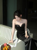 Elegant Mermaid Sweetheart Black Satin Sleeveless Long Prom Dresses 18th Birthday Outfits HZ0311