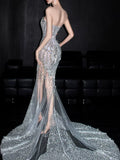 Luxurious Wedding Dresses Mermaid Scoop Neck With Beads Gem Silver Gray Sequins Brides Dress For Brides Fitted Bridal Gown HZ0311