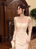 Sexy Mermaid Square Neck Lace White Long Sleeves Ankle Length Prom Dresses Wedding Guest Dress 22th Birthday Outfits HZ0311