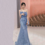 Modest Mermaid Strapless Dusty Blue Sequins Prom Dresses Inspiration Long Party Night Evening Dress 20th Birthday Outfits HZ0311
