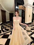 Sexy A line Spaghetti Straps Apricot Lace Prom Dresses Wedding Guest Dress 20th Birthday Outfits HZ0311