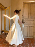 Modest A Line Square Neck Satin Prom Dresses Wedding Guest Dress 20th Birthday Outfits HZ0311