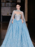 Sparkly Ball Gowns 2026 Strapless Blue With Beaded Cape Prom Dresses Inspiration Long Party Night Evening Gowns 19th Birthday Outfits HZ0311