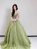 Princess Ball Gown Strapless Green Sequins Bodice Prom Dresses Inspiration Long Party Night Gowns 20th Birthday Outfits HZ0311