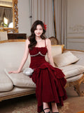 Elegant Mermaid Spaghetti Strap Burgundy Velvet Long Layered Prom Dress Aesthetic Long Graduation Evening Outfits HZ0311