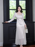 Simple A Line Square Neck Drop Waist White Chiffon Mid Length Prom Dress Aesthetic Graduation Evening Outfits HZ0311
