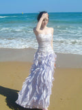 Elegant Sheath Lilac Strapless Tiered Layered Chiffon Sleeveless Long Prom Dresses 18th Birthday Outfits HZ0311