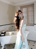 Classy A Line Spaghetti Strap Ice Blue Ankle Length Pleated Prom Dress Aesthetic Graduation Birthday Outfits HZ0311
