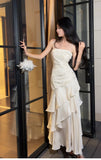 Modest Mermaid Spaghetti Straps White Ruffles Long Prom Dresses High School Teens Graduation Dance Dress 20th Birthday Outfits HZ0311